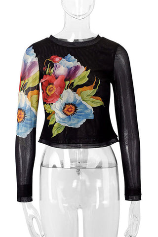 Sheer Mesh Sleeve Floral Print Top