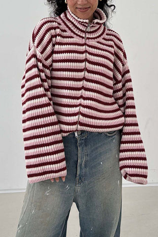Striped Zip-Up Mock Neck Cardigan