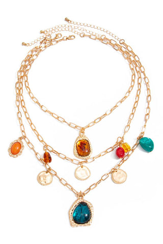 Multi-Layer Chain Link Gemstone Pendant Necklace