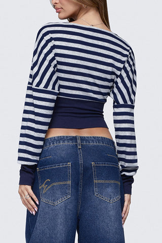 Striped Wrap V-Neck Long Sleeve Crop Blouse