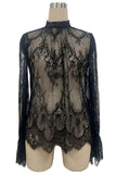 Sheer Floral Lace Mock Neck Bell Sleeve Blouse