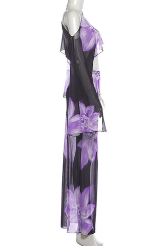 Sheer Floral Off-Shoulder Maxi Skirt Set