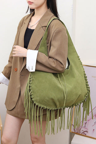 Tassel Fringe Drawstring Hobo Bag