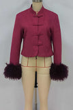 Fur Cuff Frog Button Stand Collar Jacket