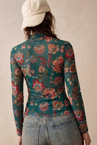 Floral Mock Neck Sheer Long Sleeve Top
