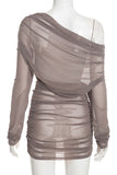 Sheer One-Shoulder Ruched Bodycon Dress