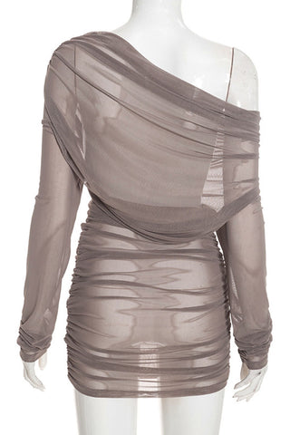 Sheer One-Shoulder Ruched Bodycon Dress