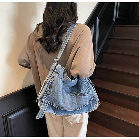 Button Denim Hobo Bag