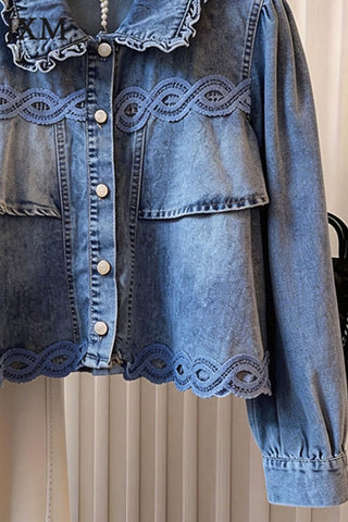 Ruffle Collar Lace Trim Puff Sleeve Jacket