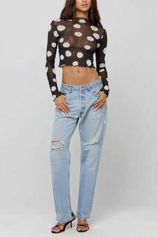 Sheer Polka Dot Mock Neck Crop Top