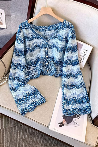 Wavy Knit V-Neck Button-Front Cardigan
