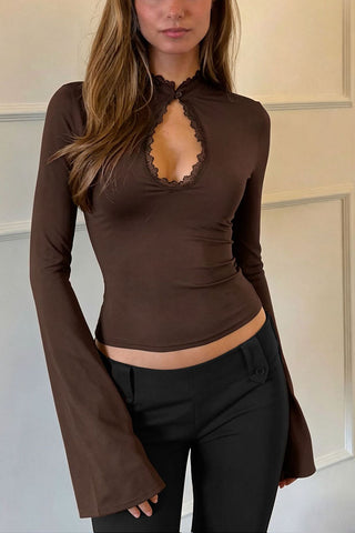 Lace Trim Keyhole Bell Sleeve Blouse