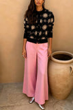 Sun Print Knit Cardigan and Wide-Leg Pants Set