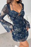 Sheer Bell Sleeve Ruched Cutout Mini Dress