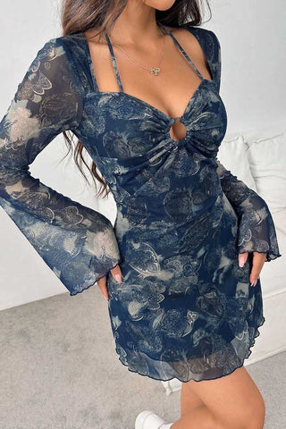 Sheer Bell Sleeve Ruched Cutout Mini Dress