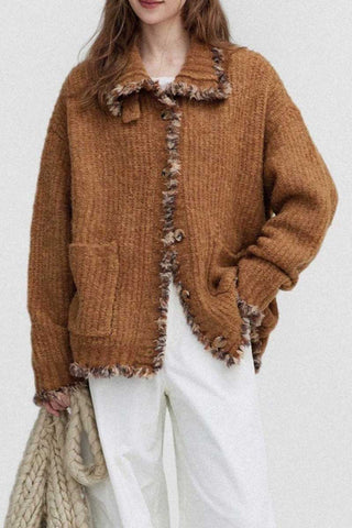 Fuzzy Textured Frayed Trim Cardigan