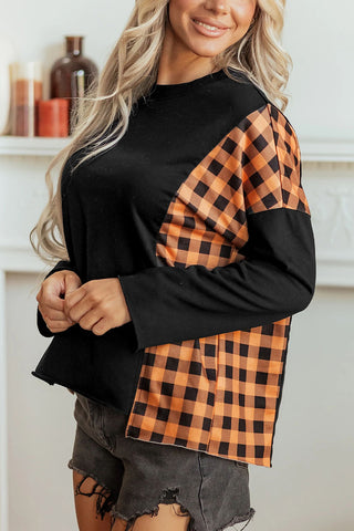 Plaid Sleeve Pumpkin Face Top