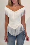 Fringe-Trim Off-Shoulder Top