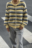 Striped Button Detail Crew Neck Knit Cardigan
