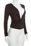 Deep V-Neck Ruched Front Long Sleeve Blouse
