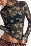 Sheer Floral Mock Neck Long Sleeve Top