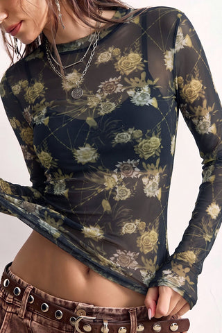 Sheer Floral Mock Neck Long Sleeve Top