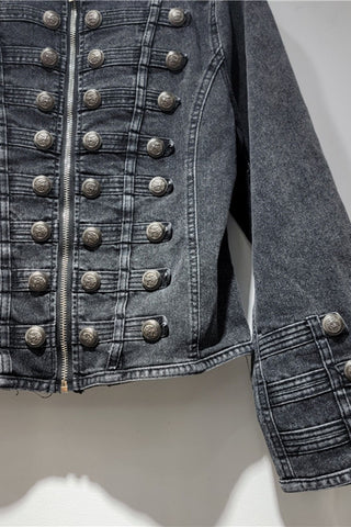 Military Button Zip Front Denim Jacket