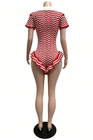 Chevron Knit Collared Ruffle Romper