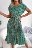 Belted Floral Pleated Casual Dress