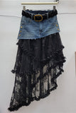 Belted Denim Skirt with Lace Overlay