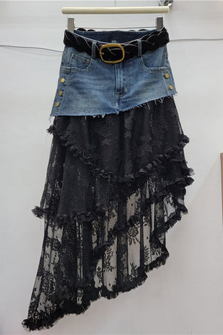 Belted Denim Skirt with Lace Overlay