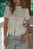 Lace Mandarin Collar Peplum Top