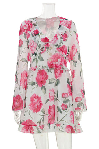 Floral Bell Sleeve V-Neck Mini Dress
