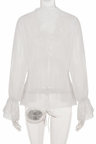 Lace-Up Front Bell Sleeve Sheer Blouse