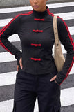 Striped Sleeve Frog Closure Zip Jacket