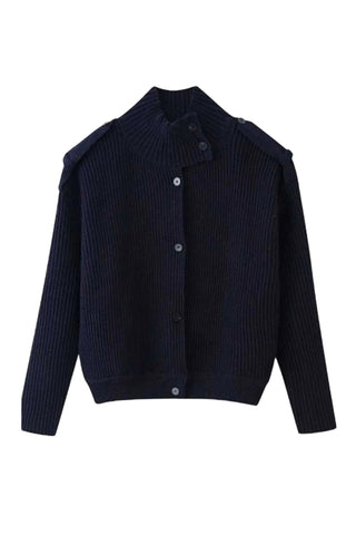 Ribbed Knit Button-Front Mock Neck Cardigan