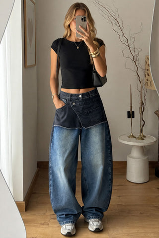 Two-Tone Patchwork Wide-Leg Baggy Jeans