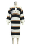 Striped Ribbed Knit Polo Midi Dress