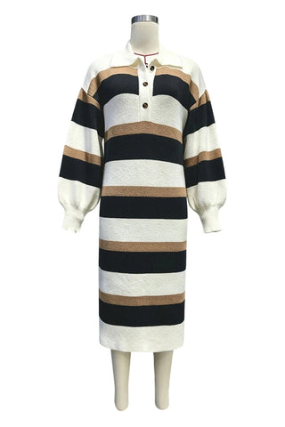 Striped Ribbed Knit Polo Midi Dress