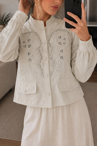 Embroidered Lace Mock Neck Puff Sleeve Jacket