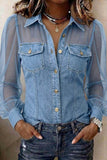 Sheer Sleeve Button-Front Denim Shirt