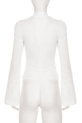 Lace Bell Sleeve Mock Neck Crop Blouse