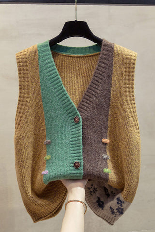 Color-Block Knit Button-Front V-Neck Vest