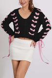 Bow Detail V-Neck Puff Sleeve Cardigan
