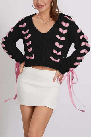 Bow Detail V-Neck Puff Sleeve Cardigan