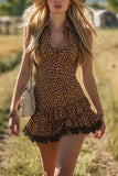Leopard V-Neck Ruffle Hem Mini Dress
