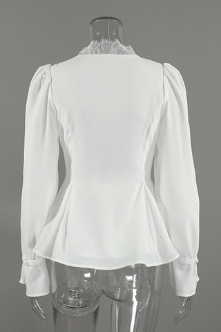 Lace V-Neck Puff Sleeve Button Blouse