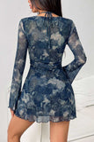 Sheer Bell Sleeve Ruched Cutout Mini Dress
