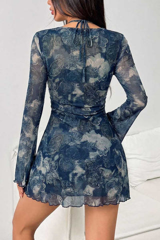 Sheer Bell Sleeve Ruched Cutout Mini Dress