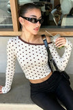 Polka Dot Contrast Trim Long Sleeve Crop Top